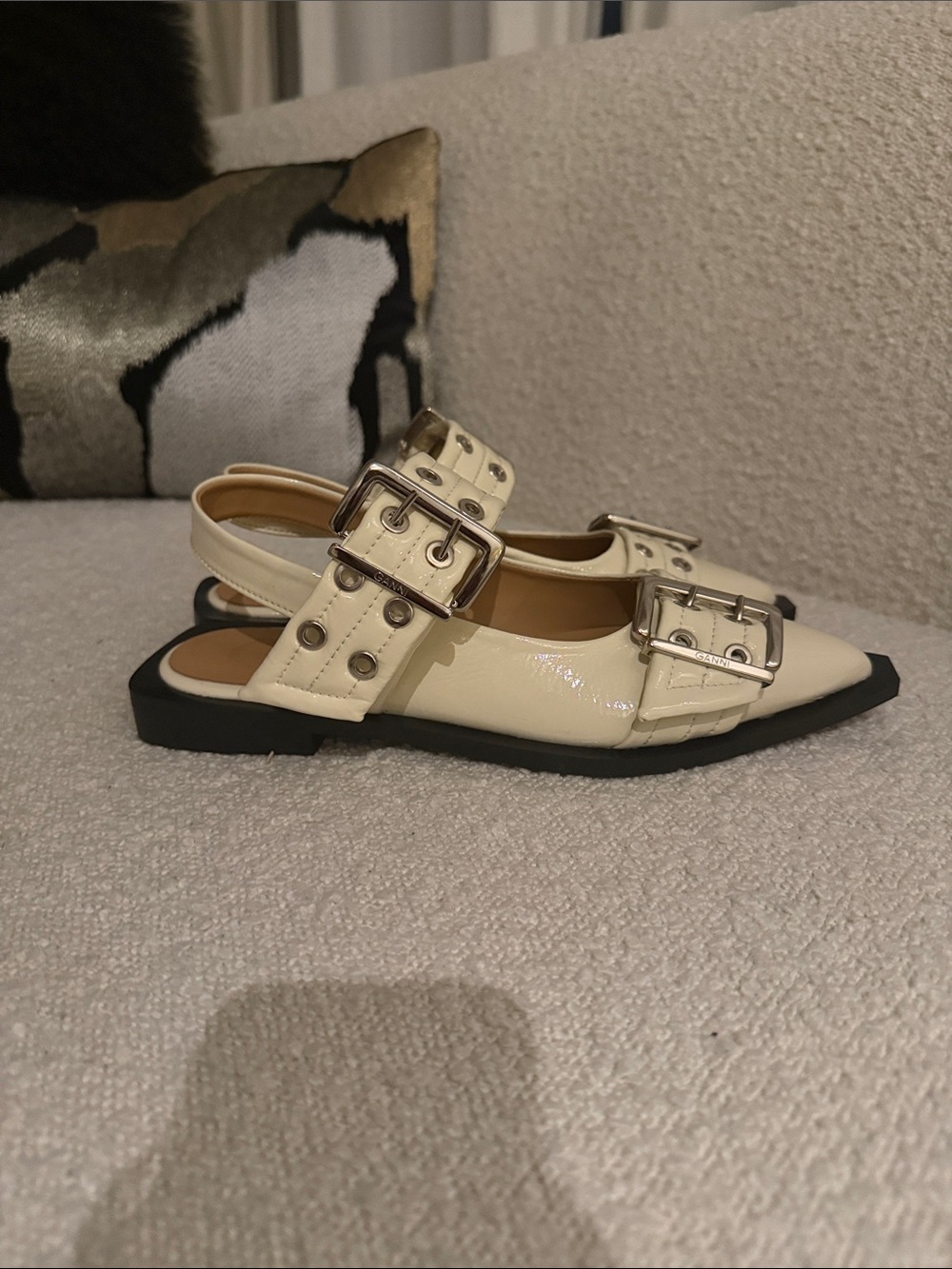 Ganni Ivory Patent Buckle Slingback Flats